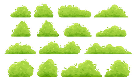 Cartoon bushes. Green garden decorative hedge and forest shrubs with leaves. Vector isolated setのイラスト素材