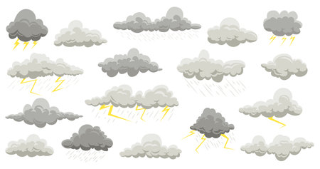 Rain clouds. summer and autumn rain with thunder cloud elements. Vector flat rainstorm and lightning setのイラスト素材