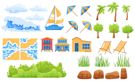 Cartoon beach kit. Ocean shore constructor with palm trees beach heels mountains and clouds. Vector tropical landscape designのイラスト素材