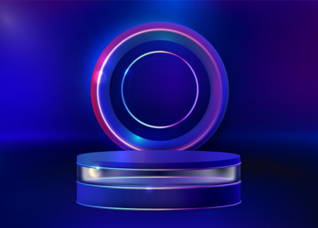 Podium neon background. Realistic product platform with glowing light effect. Vector illustrationのイラスト素材