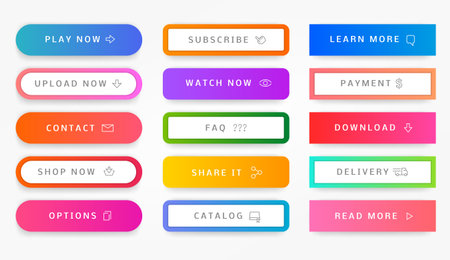 Web call button. Modern UI gradient interaction buttons, website and application interface banners with download, upload, buy now, log in, submit text. Vector setのイラスト素材