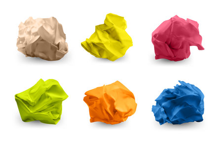 Crumpled color paper. Realistic wasted crinkled page paper trash collection. Vector setのイラスト素材