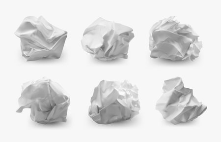 Paper ball. Realistic crumpled and crinkled paper trash, wrinkled page . Vector setのイラスト素材
