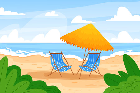 Cartoon beach landscape. Summer background with ocean shore, beach umbrella and deck chairs. Vector illustrationのイラスト素材