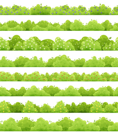 Bush horizontal pattern. Seamless print with with cartoon green hedge and shrubs. Vector textureのイラスト素材