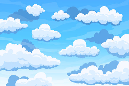 Cloudy sky. Cartoon background with blue summer sky and cumulus clouds. Vector clean air and atmosphere conceptのイラスト素材