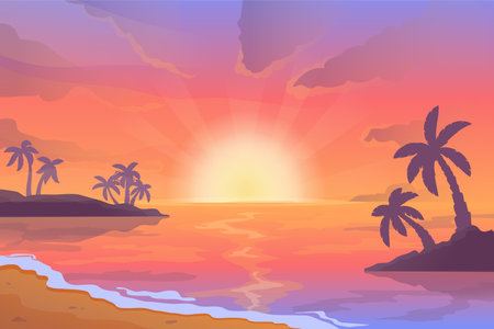 Sunset beach landscape. Cartoon scene with sunrise on sea coast wit palm trees silhouettes. Vector backgroundのイラスト素材