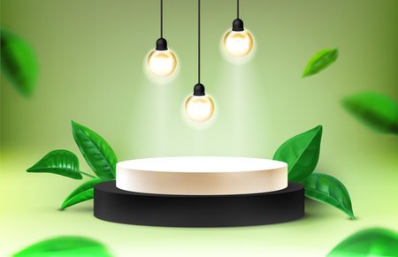 Realistic abstract podium. Background with pedestal and green leaves for beauty and cosmetic products. Vector illustrationのイラスト素材