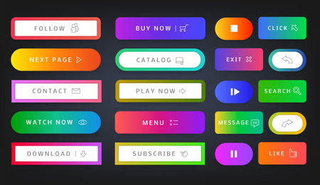 web buttons. User interface web dashboard and application interaction banners with call now, read more, download text. Vector game menu button setのイラスト素材