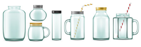 Glass cup with straw. Realistic transparent glass jar with metal caps and straws for detox drinks. Vector setのイラスト素材