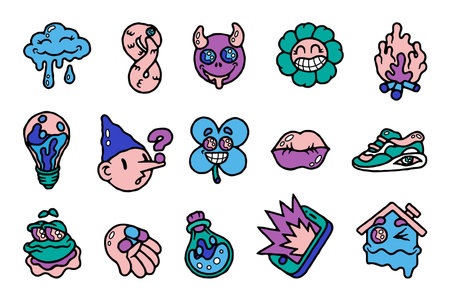 Comic character stickers. Abstract psychedelic cartoon retro sticker collection, badges with funny faces. Vector setのイラスト素材