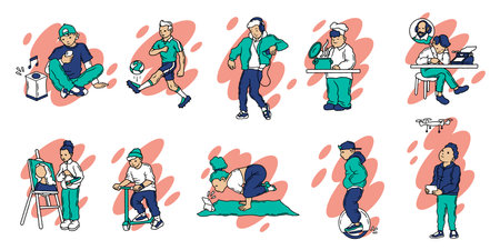 People with hobbies. Cartoon characters at home and outdoor with creative activity and handcraft, men and women enjoying cooking typewriting and drawing. Vectorのイラスト素材