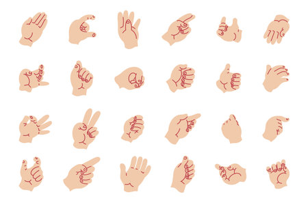 hand gestures. Cartoon minimalistic male and female empty hands with closed and opened palms, pointing fingers and holding gesture. Vector setのイラスト素材