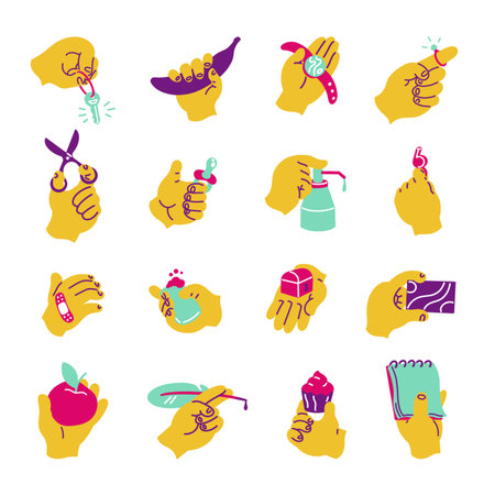 Hands with objects. minimalistic hands with stationery supplies and smart devices, graphic design collection with cartoon hands. Vector setのイラスト素材