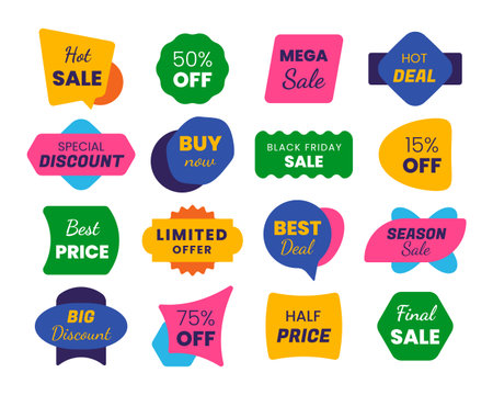 Retro stickers. Design pack of retro looking sale and discount banners, price tag and product label. Vector graphic setのイラスト素材