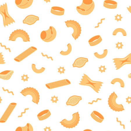 Pasta pattern. Seamless print with Italian wheat food, cartoon spaghetti. Vector textureのイラスト素材