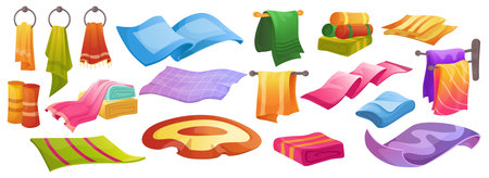 Blanket and rug. Cartoon kitchen and bathroom textile, cotton napkins, towels, handkrief rolled and in stacks. Vector setのイラスト素材