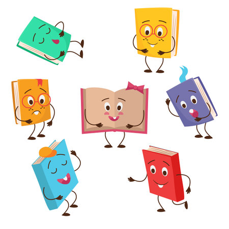 Book character. Cartoon comic clipart book mascot with hands, legs, and funny faces. Vector books setのイラスト素材