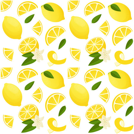 Lemon pattern. Seamless print of exotic tropical citrus fruit, zest and slices. Vector textureのイラスト素材