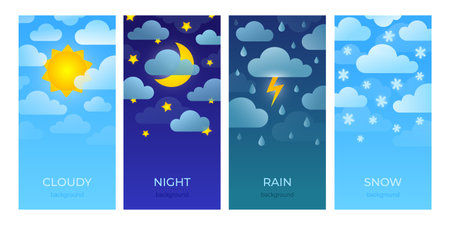 Weather forecast. App background with sun clouds rain wind, mobile interface layout. Vector poster setのイラスト素材