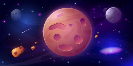 Space planet landscape. Cartoon cosmic scene with planets stars and astronomical objects. Vector illustrationのイラスト素材