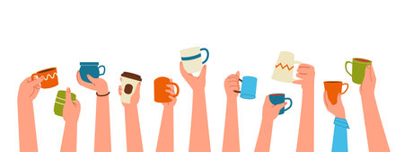 Hands with cups. Cartoon raised hands mugs and paper tea cups, persons hand with hot drink. Vector setのイラスト素材