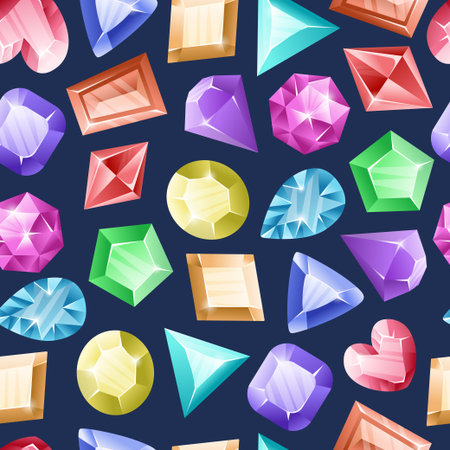 Treasure stones pattern. Seamless print of colorful magic crystals and treasure stones. Vector textureのイラスト素材
