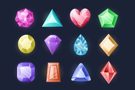 Treasure stones. Cartoon colorful crystals and gemstones, fantasy magic jewels. Vector isolated setのイラスト素材