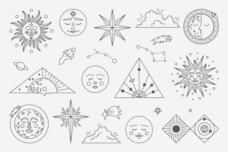 Astrology vintage symbols. Occult and esoteric mystic Sun Moon and stars elements. Vector celestial setのイラスト素材