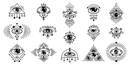 Mystic eyes. Esoteric and astrology tattoo symbol, occult alchemy amulet of human eye. Vector setのイラスト素材