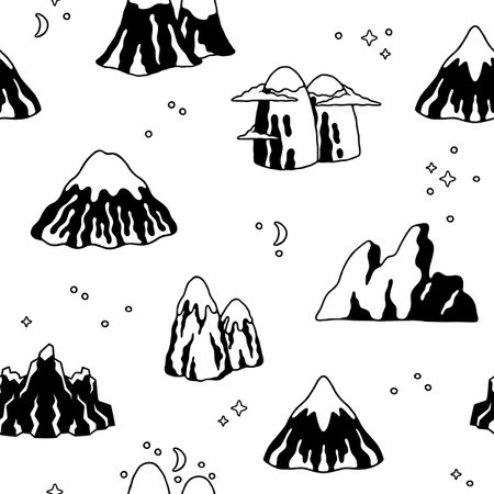 Scandinavian mountains pattern. Seamless print with minimalistic mountains sketch landscape. Vector textureのイラスト素材