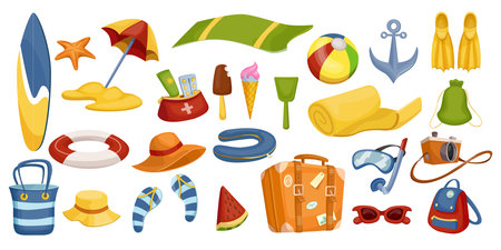 Travel and vacation. Cartoon collection of suitcase, hat, photo camera, summer journey concept. Vector setのイラスト素材