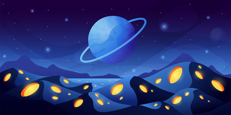 Alien planet landscape. Space science fiction game background, fantastic world scene with cosmic sky. Vector illustrationのイラスト素材