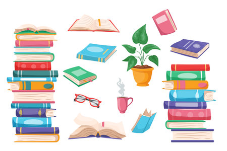 Stack of books. Cartoon pile of open and closed books, school education and home library concept. Vector isolated setのイラスト素材