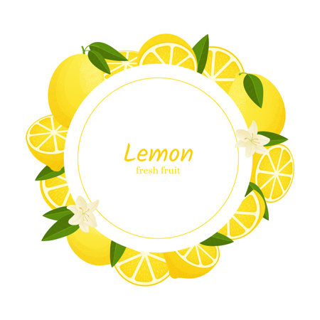 Lemon framing. Cartoon background with lemon pieces and half, fresh and natural fruit. Vector illustrationのイラスト素材
