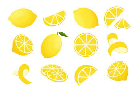 Cartoon lemon. Yellow citrus peel, piece and slice logo, and chopped lemons. Vector lemonade ingredient setのイラスト素材