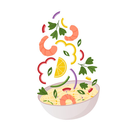 Falling meal. Japanese traditional noodle and rice ingredients falling in bowl. Vector flying vegetablesのイラスト素材