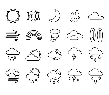 Weather line icons. App pictograms for weather forecast mobile and web application. Vector rain sun clouds wind setのイラスト素材