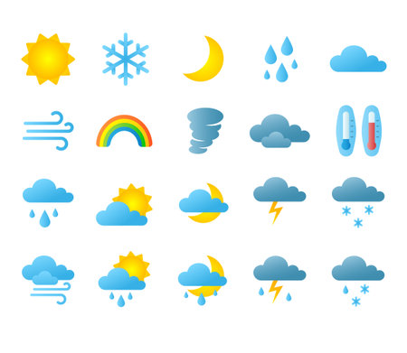 Weather icons. Sun clouds rain and wind interface icons for forecast application. Vector meteo symbol setのイラスト素材