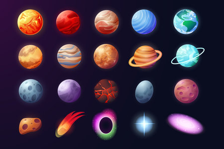 Cartoon Solar system. Astronomical objects in planetary system, Mars Venus Earth Moon Jupiter. Vector setのイラスト素材
