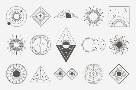 Sun line logo. Abstract minimalistic emblems with mystic celestial Sun and Moon elements. Vector setのイラスト素材