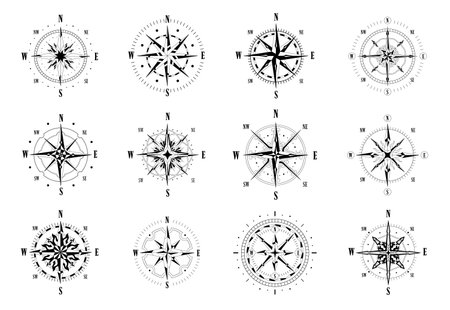Wind icons. Vintage nautical compass symbol with north south west and east directions. Vector cartography icon setのイラスト素材