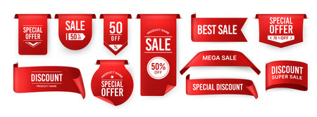 Red ribbon label. Price discount promotion banner, special offer sticker. Vector isolated setのイラスト素材