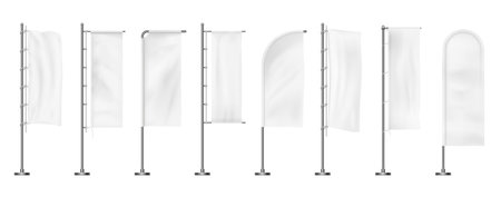 Vertical flag . White promotion fabric on flagpole, realistic waving advertising cloth. Vector setのイラスト素材
