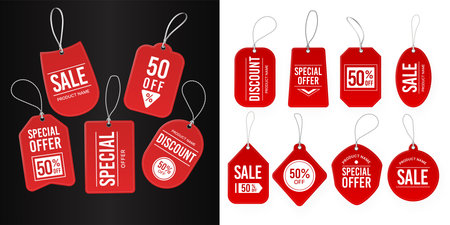 Red sale label. Realistic discount coupon, special offer shopping labels. Vector setのイラスト素材