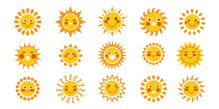 Cartoon sun characters. Cute baby sun mascot clipart collection with funny faces. Vector setのイラスト素材