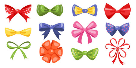 Bow tie ribbon. Cartoon fashion dress accessory, colorful bent ribbon bow. Vector isolated setのイラスト素材