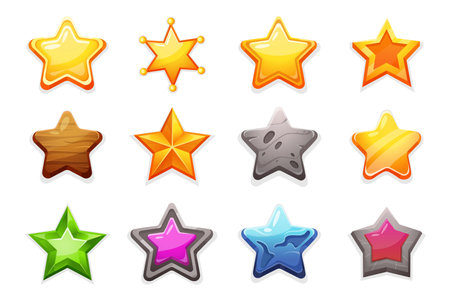 star rating. Cartoon trophy and achievement game interface elements. Vector star icon setのイラスト素材
