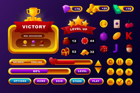 Casino game . Cartoon web and mobile user interface design elements, progress bar. Vector game score iconsのイラスト素材