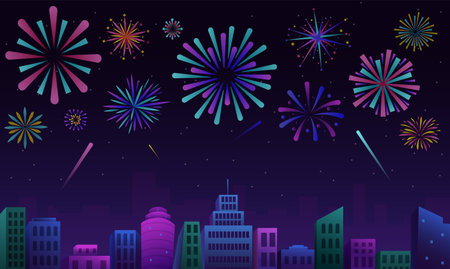 Night fireworks. Cartoon colorful fireworks explosion over the city, party and holiday celebration. Vector illustrationのイラスト素材